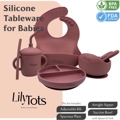 LilyTots Tableware Meal Set for Baby Self Feeding Non Toxic BPA free Food-grade Material  - Silicone(Rose Taupe)