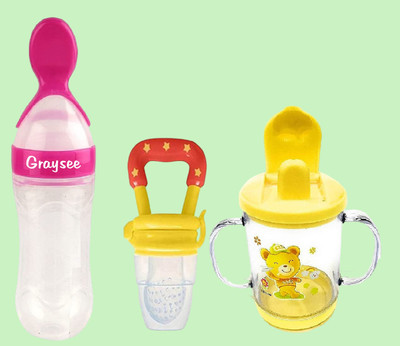 Garysee Baby Sipper - 240ml | Food & Fruit Feeding Spoon Bottle - 90ml, Pacifier,Teether  - Silicone(Multicolor - TYP9)