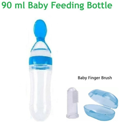 QinPin Soft Silicone Baby Feeding Bottle Gentle on Gum with spoon & Soft Finger brush  - Silicone(Blue)