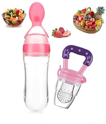 Vadhavan BPA Free Squeeze Style Bottle Feeder with Dispensing Spoon and Fruit Feeder  - Silicone(Pink)