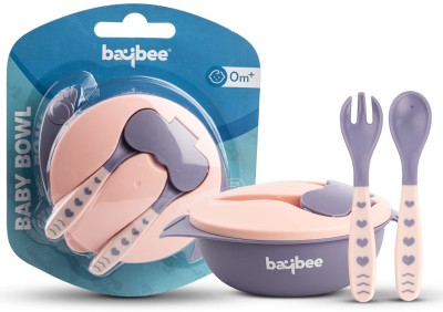 baybee Silicone Baby Feeding Bowl with Lid, Suction Cup, Spoon & Fork Set  - BPA free Plastic and silicone(Pink)