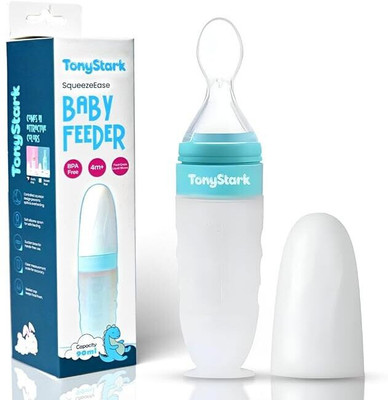 TONY STARK Squeezy Baby Food Feeder Bottle With Soft Feeding Spoon for 4 Months & Plus  - 90ml, Non-Toxic, BPA Free, Silicone Material(Blue)