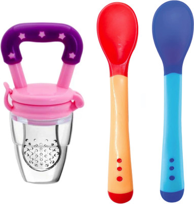 naughty kidz Combo of 2 Baby Feeding Spoon with 1 Food/Fruit Nibbler,For Baby, Infant  - Silicone(2 Spoon Blue and Red+1 Pink Nibbler)