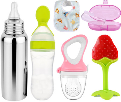 Muma's Love MULTI USE PACK OF 6 Pieces Combo Set For Your New Born Babies Teether and Feeder(Multicolor)