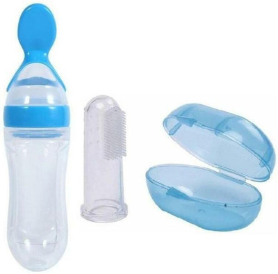 Shrinath Enterprises Baby Squeezing Spoon Bottle And Finger Brush Blue  - Silicone(Blue)