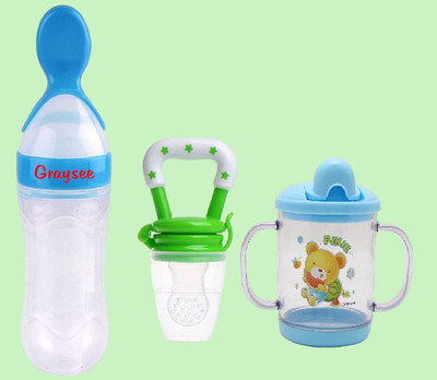 Garysee Baby Sipper - 240ml | Food & Fruit Feeding Spoon Bottle - 90ml, Pacifier,Teether  - Silicone(Multicolor - TYP3)