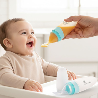 R for Rabbit First Feed Feeder Soft Feeding Spoon for Baby 4 Months & Plus, 90ml  - Non Toxic, BPA Free, Silicone Material(Blue)