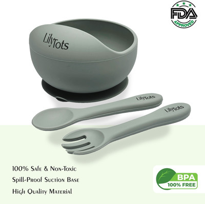 LilyTots Silicon Bowl for Baby Kids with Soft Spoon Set | Strong Suction Base | BPA Free  - Silicone(Sage Green)