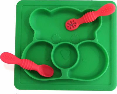 Aditi Toys Square Baby Food Tray, Silicon Food Plate With Multiple Compartment & Two Spoons  - Silicone(Dark Green)