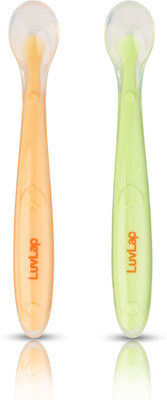LuvLap Silicone Baby Self Feeding Spoon with Ultra Soft Tip 4 M+,  - Silicone(Green & Orange)