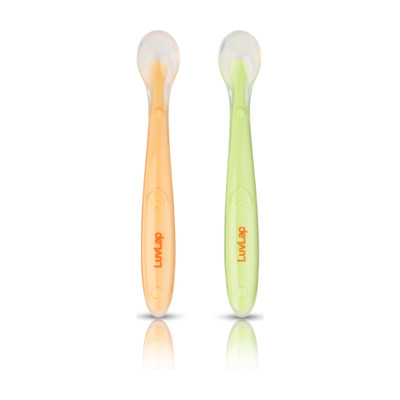 LuvLap Silicone Baby Self Feeding Spoon with Ultra Soft Tip 4 M+,  - Silicone(Green & Orange)