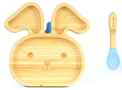 Starkiddo Baby Toddler Bamboo Bunny Suction Plate  - Food Grade Organic Bamboo, Food Grade Silicone(Blue)