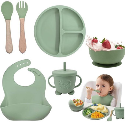 BKJPS Premium 6 Pcs Silicone Baby Feeding Set with Suction Plate  - silicon(Green)