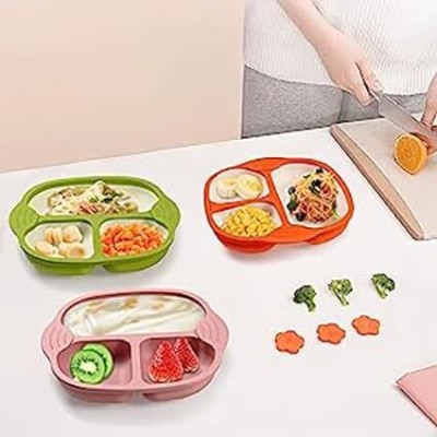 Naidev Baby Plates Unbreakable Divided Suction Plate for Rice Fruits  - Silicone(Pink)