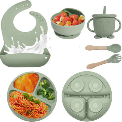 REMICH 6 Pcs Silicone Baby Feeding Set Bpa-Free,Microwave Safe, Anti-Slip Base  - Silicone(Green)