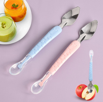 Saraswati kart Multi-Use Double Head Fruit Scraping & Soft Tip Feeding Spoon for Toddlers  - Silicone, Stainless Steel(Pink, Blue)