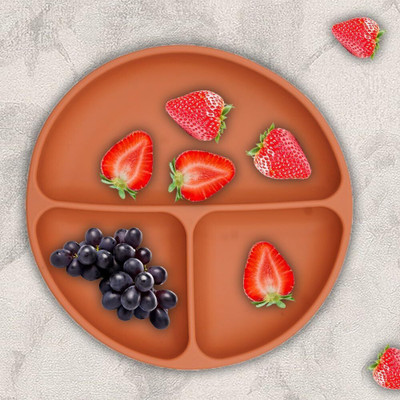 PEEPER Silicone Big Suction Plates with 3 Deep Divided Sections for Babies -Brick Red  - Silicone(Brick Red)