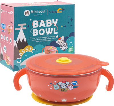 MINI SOUL Space Printed Feeding Bowl with Suction Base and Ventilation Hole for Babies  - Stainless Steel(Red)