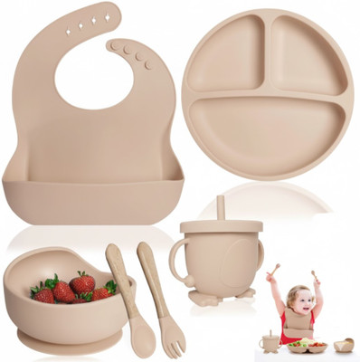 SAMVAT 6 Pcs Baby Silicone Mealtime Kit, Safe & Heat-Resistant for Toddlers  - BPA Free -Silicone(Beige)