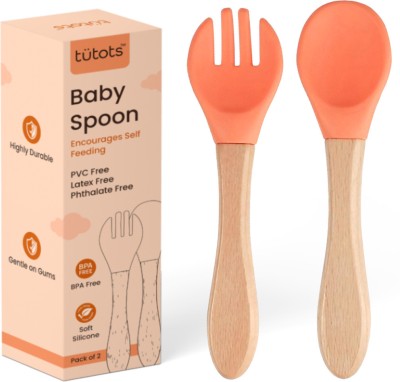 tutots Premium Silicone Wood Spoon & Fork Set BPA Free PVC Free  - Silicone, Wood(Orange)