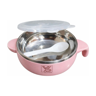 Yb Store Baby Stainless Steel 1 Bowl with 1 Spoon Set for Children  - stainless steel, polypropylene plastic, BPA Free(Pink)