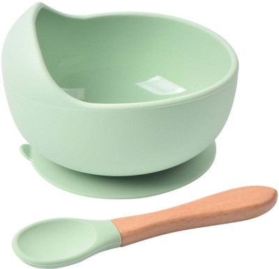 YELONA Self-Feeding Silicone Baby Bowl & Spoon, Curved Walls | Upgrade Strong Suction  - Hygienic Food Grade Silicone & Wooden(Mint Green)