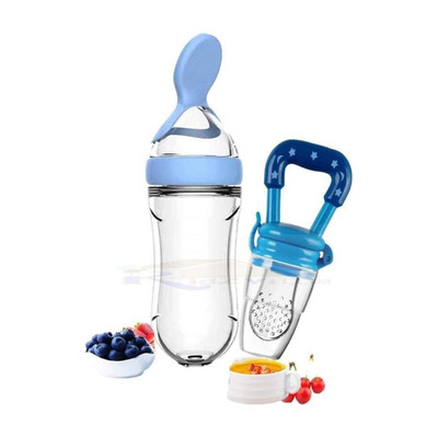 Kidsify 90ML Newborn Baby Feeding Bottle Toddler Silicone Squeeze Feeding Spoon Milk Cereal Training Feeder and Fruit feeder(Set of 2)  - Silicone(Blue)