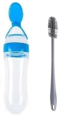 QinPin Combo-Silicone Baby Feeding Bottle Gentle on Gum with spoon & Soft bottle brush  - Silicone(Blue)