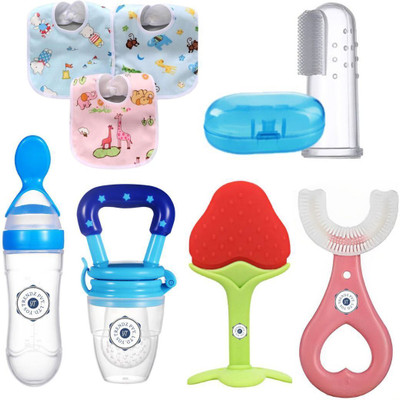 YOS TRENDZ Baby Fruit Feeder, Teether, Finger Brush, Bibs & Spoon Feeder Pack of 8  - Silicon(Multicolor)