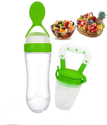 Vadhavan BPA Free Squeeze Style Bottle Feeder with Dispensing Spoon and Fruit Feeder  - Silicone(Green)