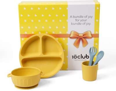 10club Dining Set - 5 Pcs | Cross-Section Plate, Bowl with Handle,Fork,Spoon and Glass  - Silicone(Yellow and grey)