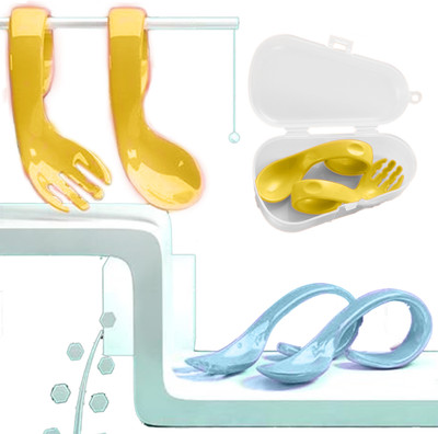 BABYMOON Learn to Eat Baby Self Feeding Set, Spoon and Fork along with Storage Box  - Silicone(Yellow-Blue)