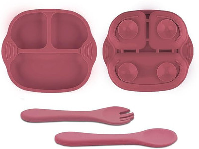 TONY STARK Combo of Silicone Suction Plate, Silicone Spoon & Fork For Baby Feeding  - Pack of 3 Baby Dinner Set, Silicone(Wine Red)