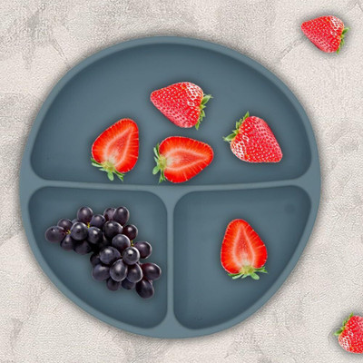 PEEPER Silicone Big Suction Plates with 3 Deep Divided Sections for Babies -Dark Grey  - Silicone(Dark Grey)