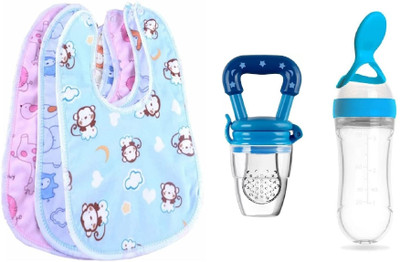 GolichhaMart Baby Apron with Bib Pack of 3 & Baby Spoon Feeder & Fruit NIbbler  - Silicon(Blue)