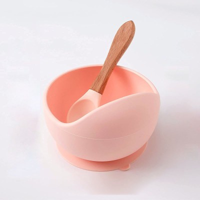 PLENARO Baby Feeding Bowl and Spoon Set, Silicone Suction Base and Wooden Spoon  - Silicone(LIGTH PINK)