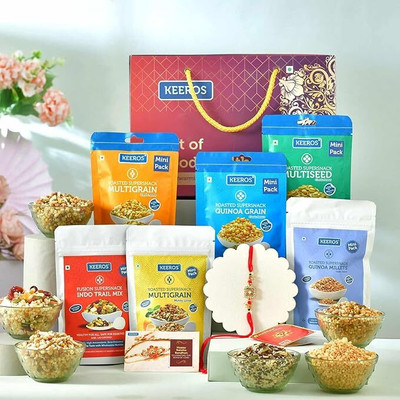 Keeros Healthy Rakhi Gift Hamper for Brother with Rakhi & Tikka Pack| Assorted Gift Box(Red)