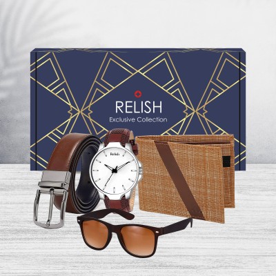 Relish Boys Gift Combo Brown Watch,Wallet, Belt,Sunglasses| Paper Gift Box(Brown)