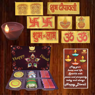 BOGATCHI 6 Crackle Chocolate Box Diwali Stickers Water Illuminated Diya Diwali Card 80g Assorted Gift Box(Multicolor)
