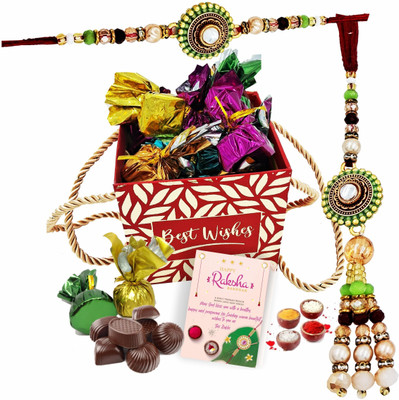FabBites Bhaiya Bhabhi Rakhi and Lumba Set with Assorted Handmade Chocolate Gift Hamper Paper Gift Box(Red)