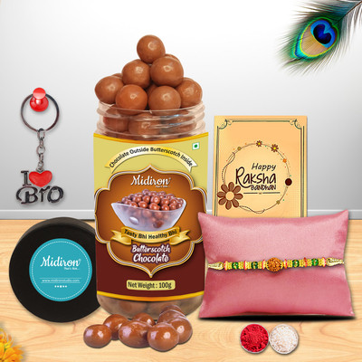 Midiron Thread Rakhi Chocolate Butterscotch Combo for Brother with Puja Essentials Assorted Rakhi  Set(1 Chocolate Butterscotch 100gm, 1 Rakhi, 1 Card, 1 Keychain, 1 Akshat Pack)
