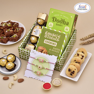 HyperFoods Rakhi Special Sweet & Chocolate Hamper with Set Of 3 Rakhi Paper Gift Box(Green)