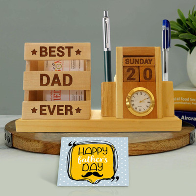 TIED RIBBONS Fathers day Gifts for Dad from Son and Daughter Gift Combo Wooden Pen Stand with Greeting Card Wooden Gift Box(Multicolor)