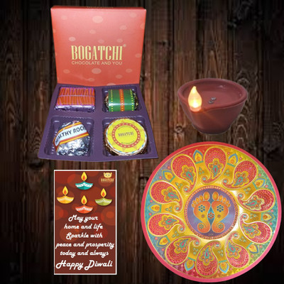 BOGATCHI Crackle Chocolate Box Metallic Round Floor Rangoli Water Diya Diwali Card 60g Plastic Gift Box(Multicolor)