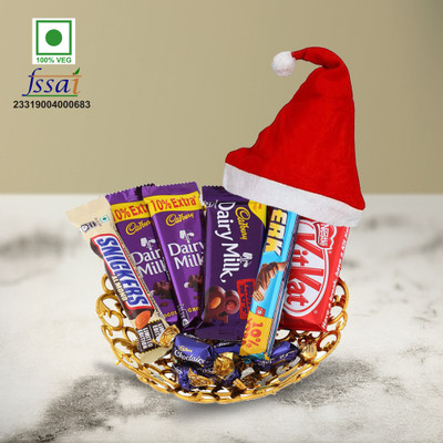 Chocoloony Marry Christmas Chocolate Basket Gift with Santa Cap for Kids Paper Gift Box(Red)