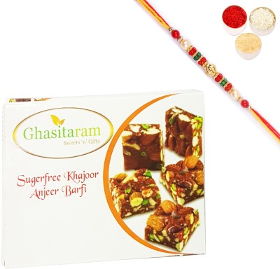 Ghasitaram Gifts Rakhi Sweets- Natural Sugarfree Mix 200 gms with Pearl Beads Rakhi Assorted Gift Box(Multicolor)