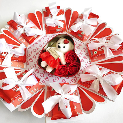Chandrans Creation Heart Box Birthday Chocolate Explosion Box with Teddy and Flowers Paper Gift Box(Red, White)