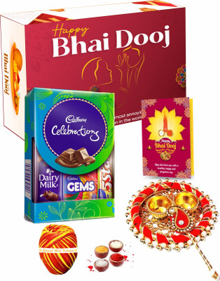 FabBites Bhai Dooj Tika Thali Set for Brother with Celebration Chocolate Gift Pack Combo Paper Gift Box(Red)