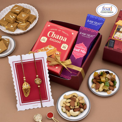 HyperFoods Festive Joy Sweet, Mix Dry Fruits & Bhaiya Bhabhi Rakhi Paper Gift Box(Maroon)