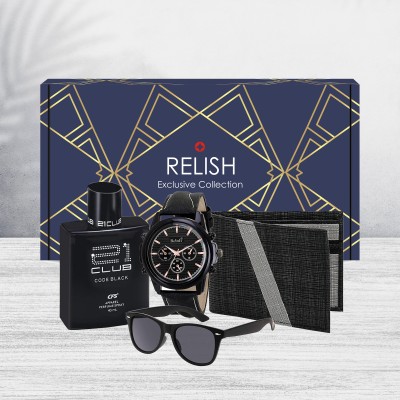 Relish Black Watch, Perfume, Wallet and Sunglass Combo for Men Diwali Gift for Friend. Paper Gift Box(Black)